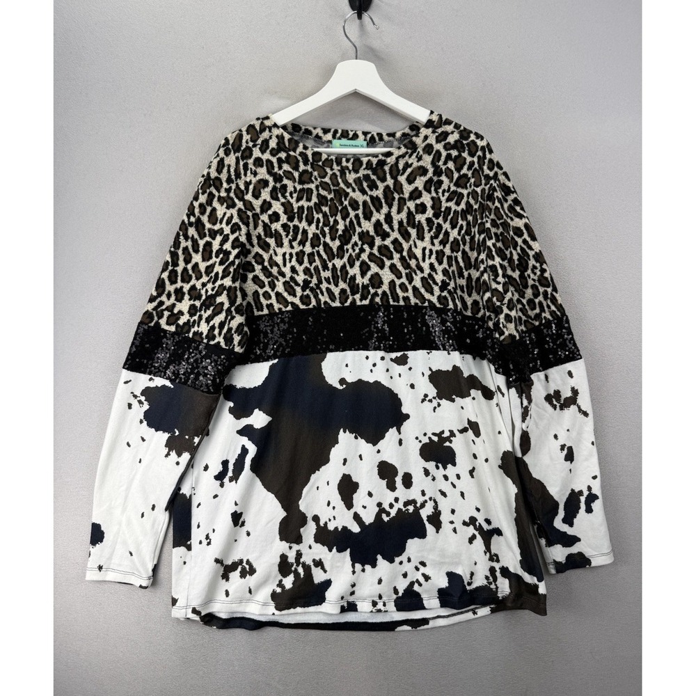 Sunshine & Rodeos Women's XL Cow Print Leopard Sequin Chic Western Pullover Top
